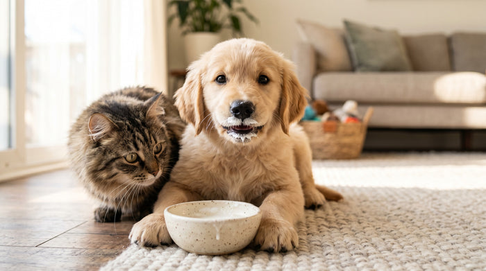 Un cachorro golden retriever y un gato junto a un tazón de kéfir en casa