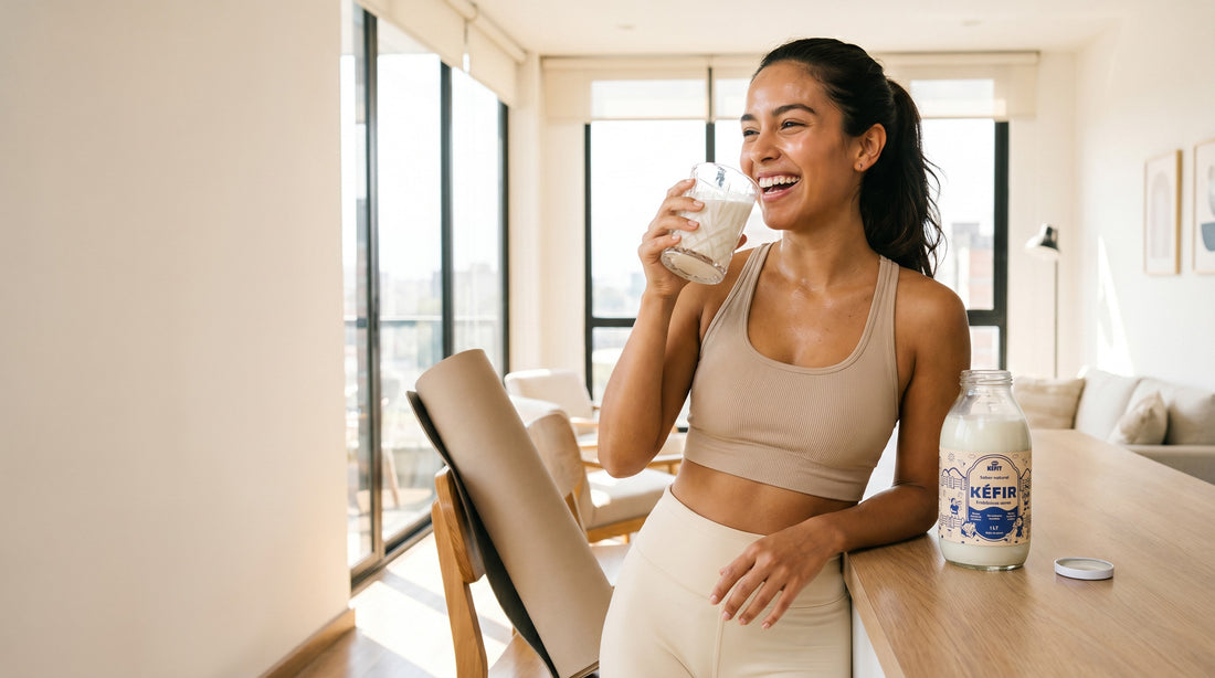 Mujer tomando un vaso de kéfir ¡UY! KEFIT después de entrenar