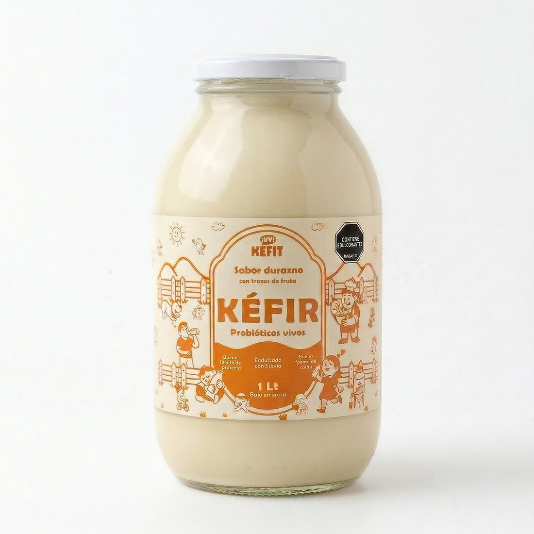 Botella de kéfir sabor durazno KEFIT 1 litro con trozos de fruta