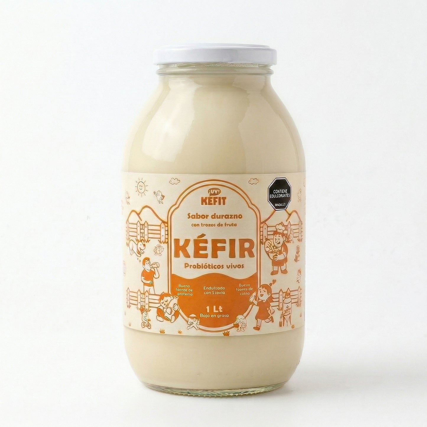 Botella de kéfir sabor durazno KEFIT 1 litro con trozos de fruta